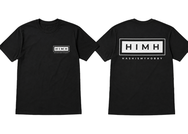 Black short-sleeve t-shirt shown from both front and back. The front features a small white rectangular logo on the left chest reading 'HIMH' with 'HASHISMYHOBBY' below.